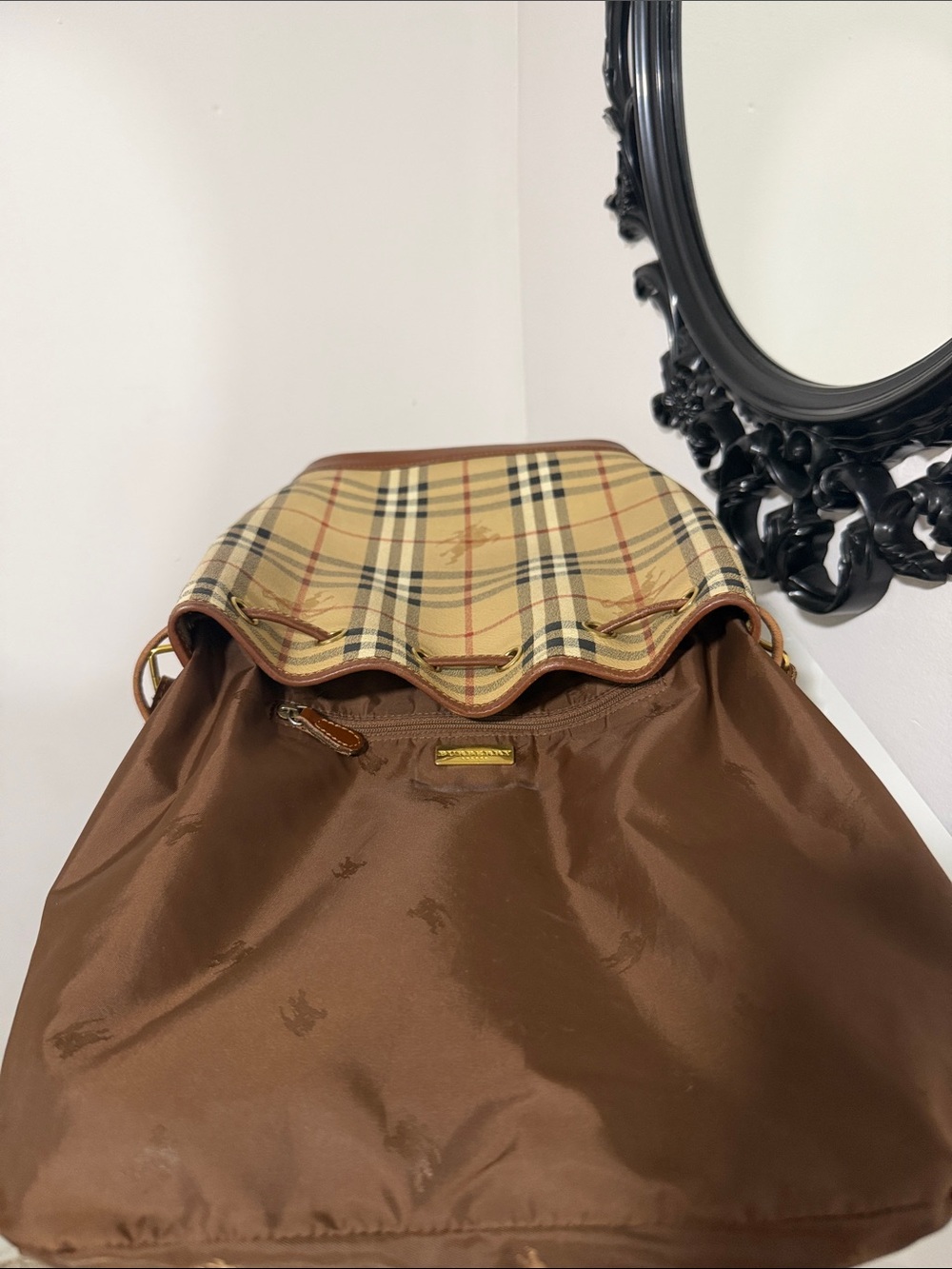 Burberry Vintage Beige Plaid Leather-Trim Drawstring Bucket Bag - Picture 14 of 15